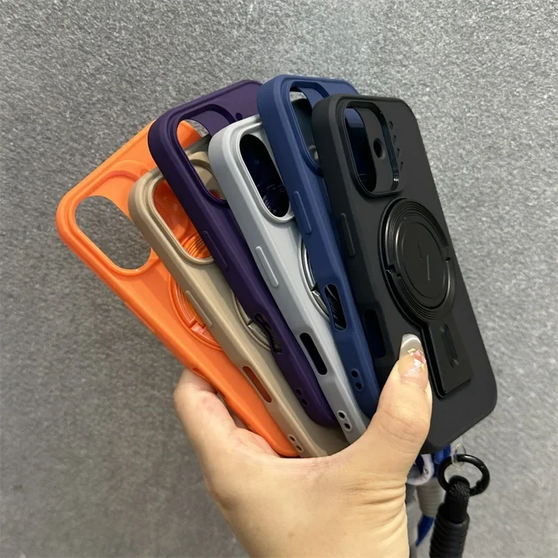 Magsafe Folding Bracket Wrist Strap Lanyard Case for iPhone 16 15 14 Plus 13 12 11 Pro Max Magnetic Wireless Charging Soft Cover