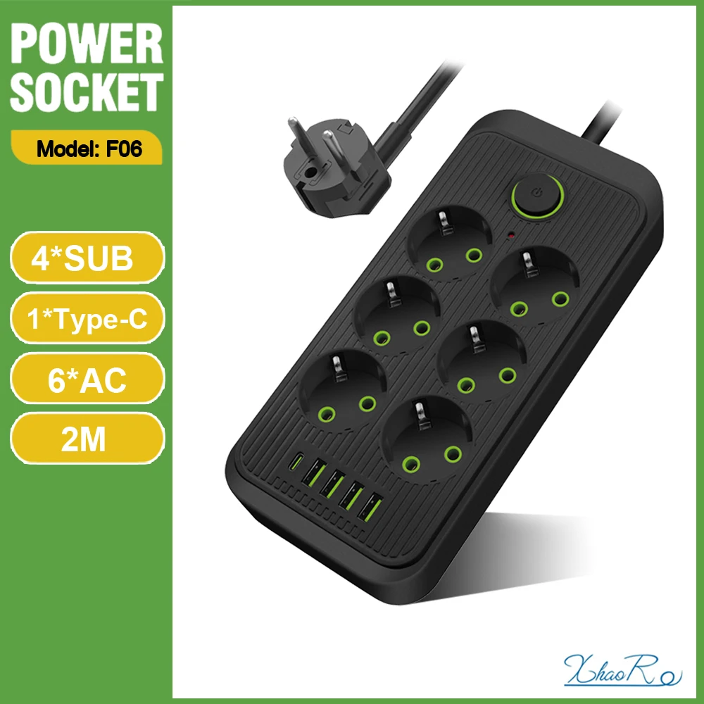 

Power Strip EU Plug AC Outlet Multitap Extension Cord Electrical Socket With USB Type C Ports Multiprise Network Filter Charger
