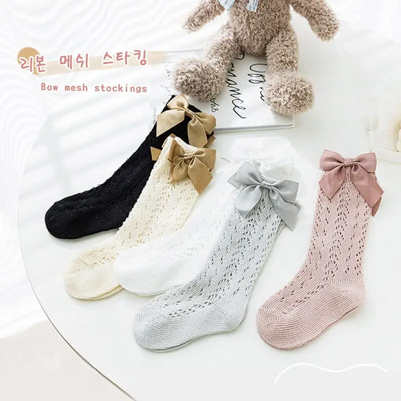 

Baby Girls Socks Toddlers Bow Long Sock Kids Knee High Soft Cotton Mesh Spanish Style Children 0-5 Years Breathable Socks