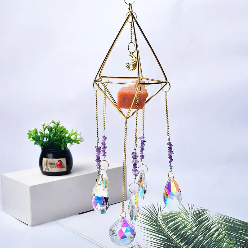 

1PC Natural Crystal Wind Chime Amethyst Sunstones Made Coloured Glaze Catchers Pendant Window Hanging Ornament Home Decor Gifts