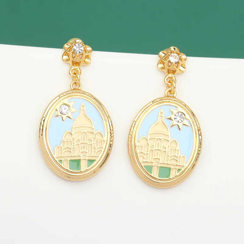 

New hand-painted enamel Montmartre series badge earrings Fashionable simple personality earrings Earhole free ear clip for women