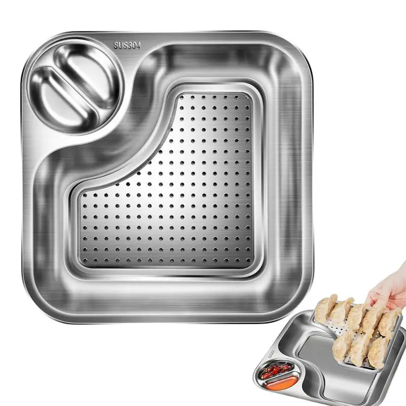 

Double-Layer Detachable Tray For Parties Appetizer Plate Dumpling Tray Serving Platter Stainless Steel Tray With Dipping Section