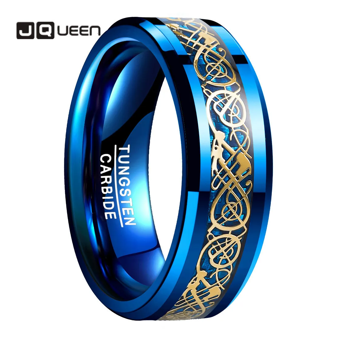 Jqueen 8mm masculino anel de carboneto de tungstênio celta dragão casamento anel banda azul/preto fibra de carbono anel de noivado tamanho 5-14
