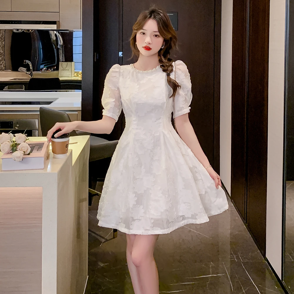 

Real shot 2022 summer round neck pearl waist slimming boutique jacquard gentle fairy short dress