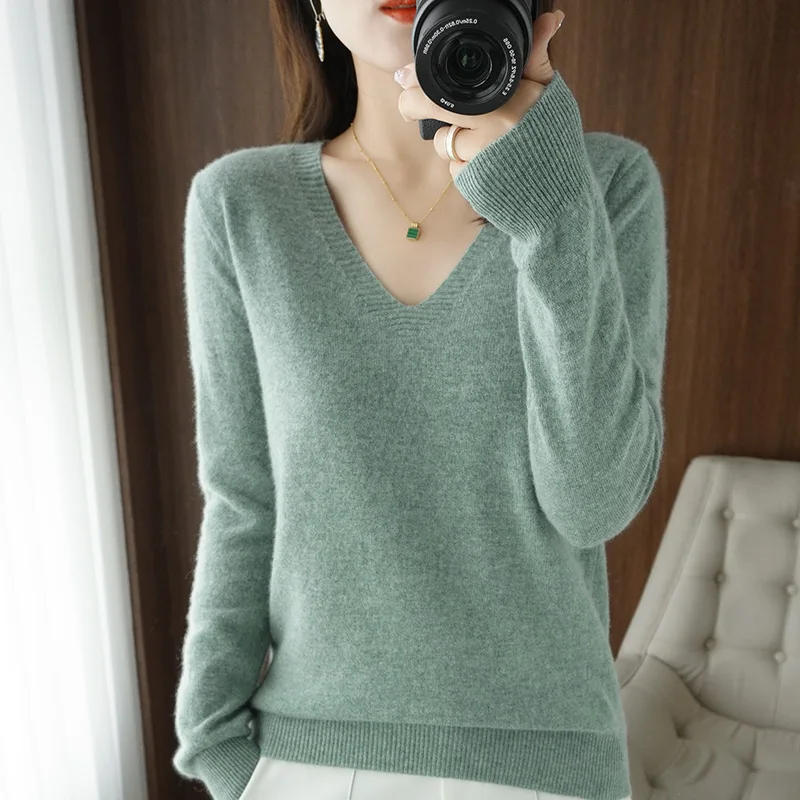 Autumn Winter Sweater Pullovers Women Warm V-neck Knitting Korean Fashion Solid Knitwears Long Sleeve Loose Tops Casual Clothing