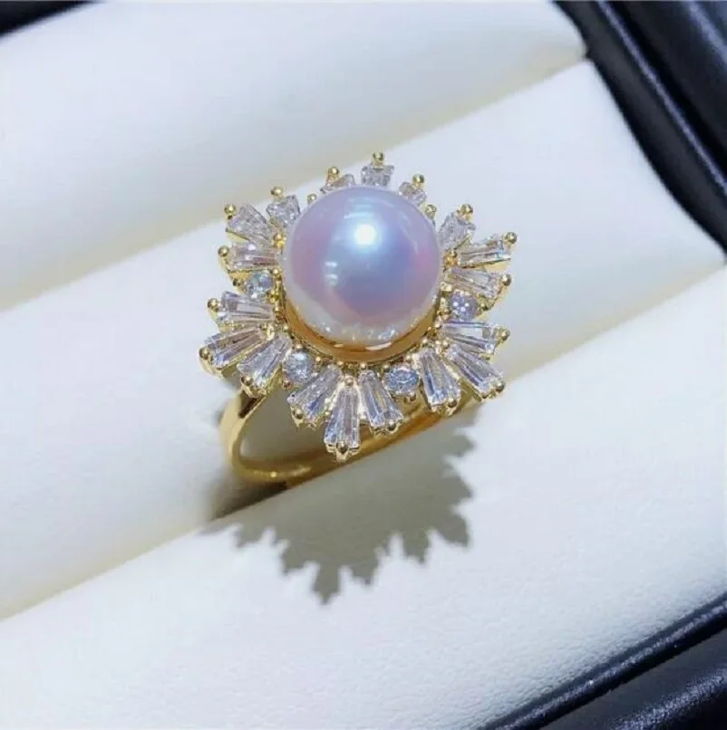 AAAA +++ 18Kp Золотое кольцо Akoya с белым жемчугом и снежинкой Т-образное циркониевое