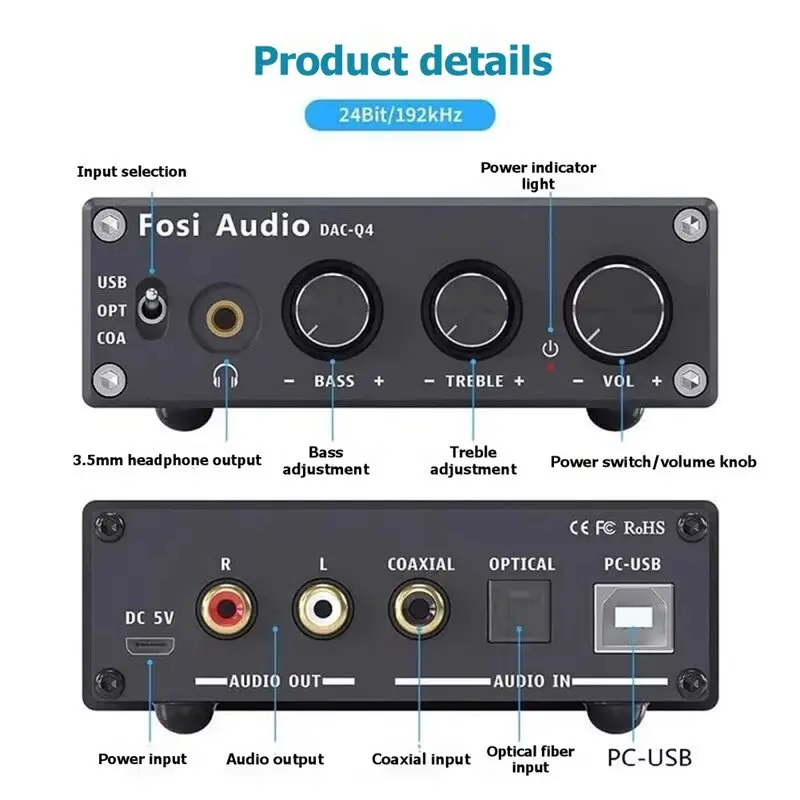 Фото A37T-DAC-A2 Hi-Fi аудиодекодер, USB-усилитель для наушников, коаксиальный оптический выход, стереоигровой ЦАП для усилителей и активных колонок №5