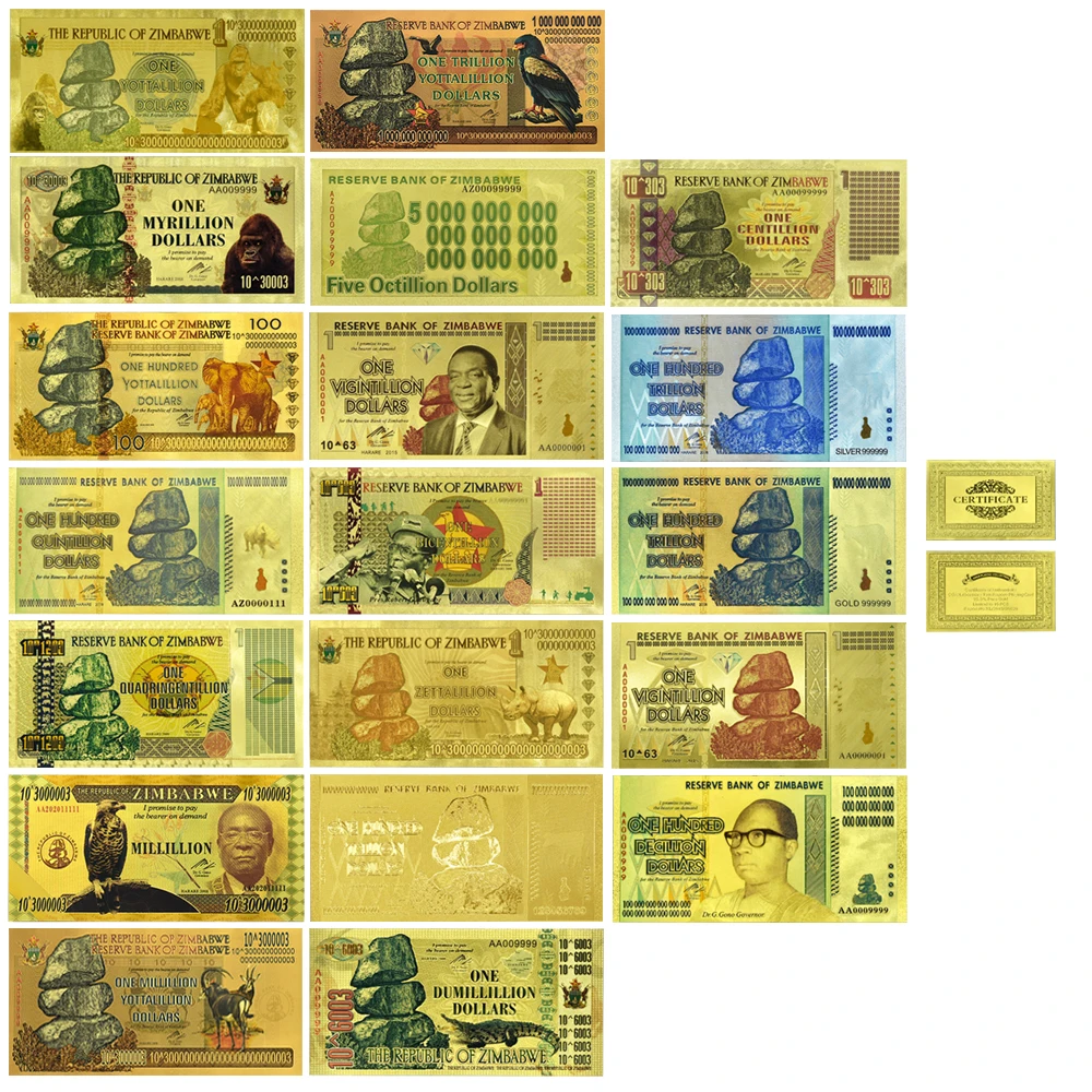 

10pcs/lot Kinds of Zimbabwe Gold Foil Banknotes Collectibles Gifts 19pcs/Set Uncurrency Crafts with UV Light