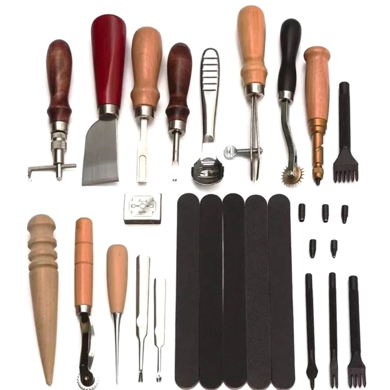 

1Set Professional Leather Craft Tools Kit Hand Sewing Stitching Punch Carving Work Saddle Groover Set Accessories DIY