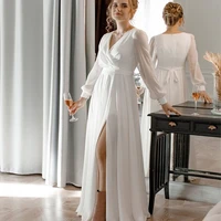 queen long chiffon wedding dresses long sleeve single front side slit and v neck simple for civil bridal gowns floor length lace