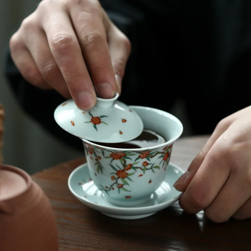 

Цзиндэчжэнь, зеленая деревянная печь, пружина Mantingxiang Tureen, ручная роспись, чаша для заваривания чая, керамический чайный набор, бытовой 150 см3