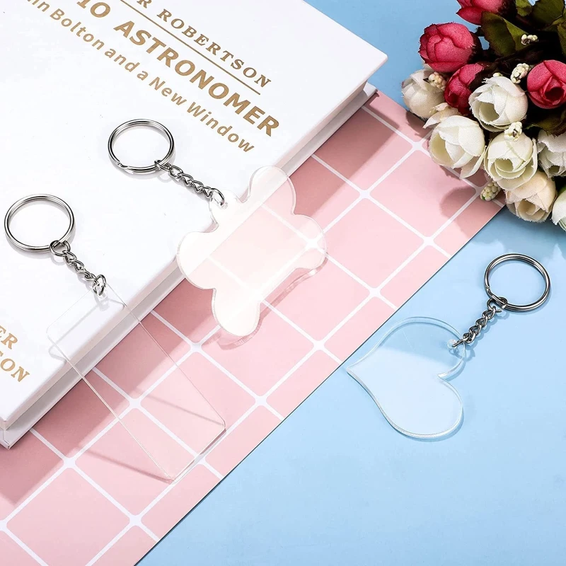 

N58F 96Pcs Rectangle Round Bone Love Heart Blank Metal Decoration Keyrings Acrylic Transparent Blank Set for DIY Projects