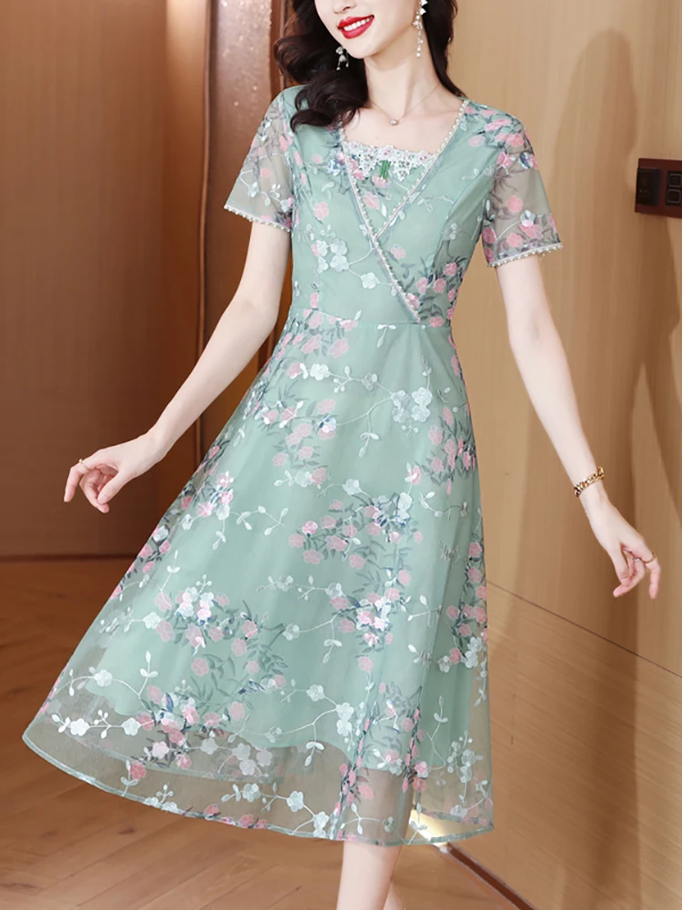 

Summer Green Mesh Embroidery Floral Midi Dress Women's Short Sleeve Beading Luxury Dress 2023 Vintage Elegant Bodycon Dresses