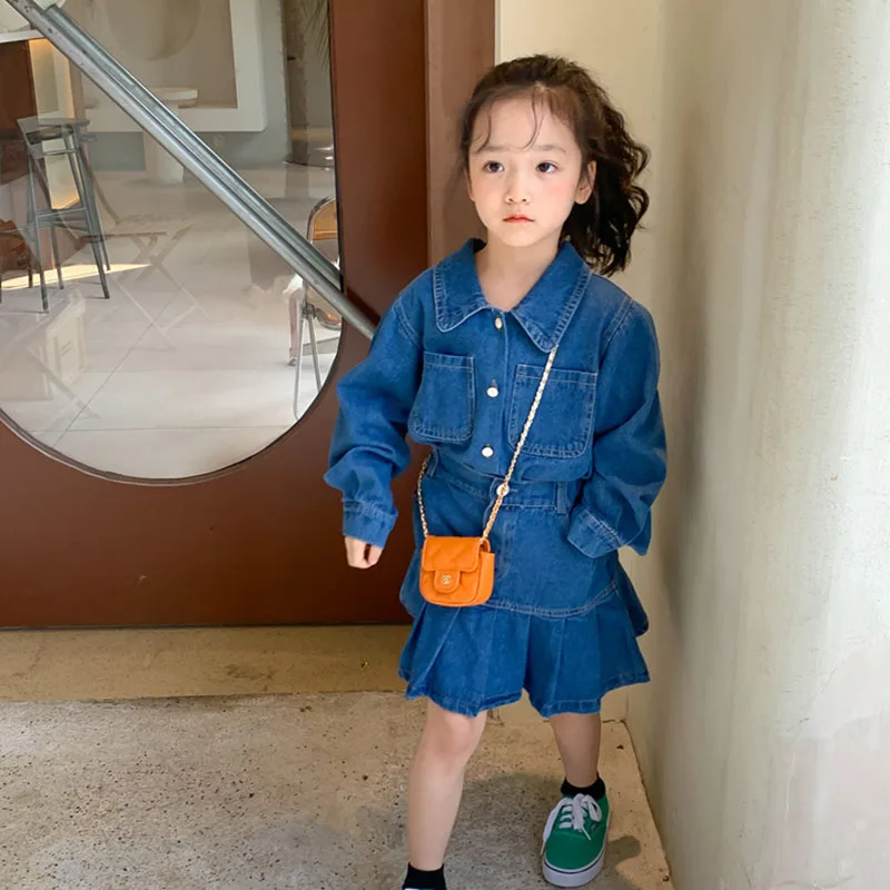 

2022 spring girls' denim shirt denim skirt cute baby girl wear sweet suit 5-24