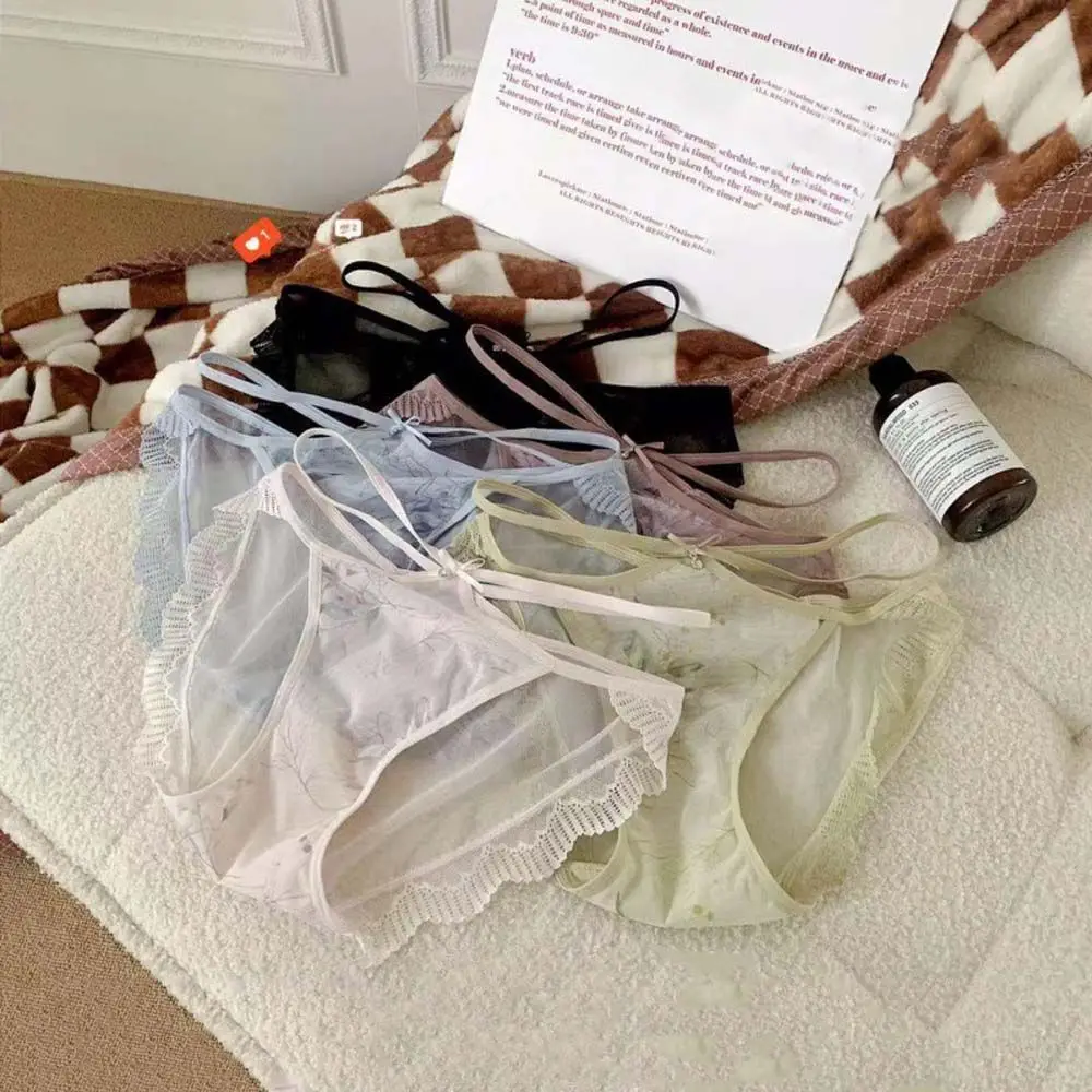 

Elastic Multi-strap Low Waist Panties Cotton Crotch Ink Printing Sexy Panties Women Intimates Lace Briefs Ancient Mesh Panties