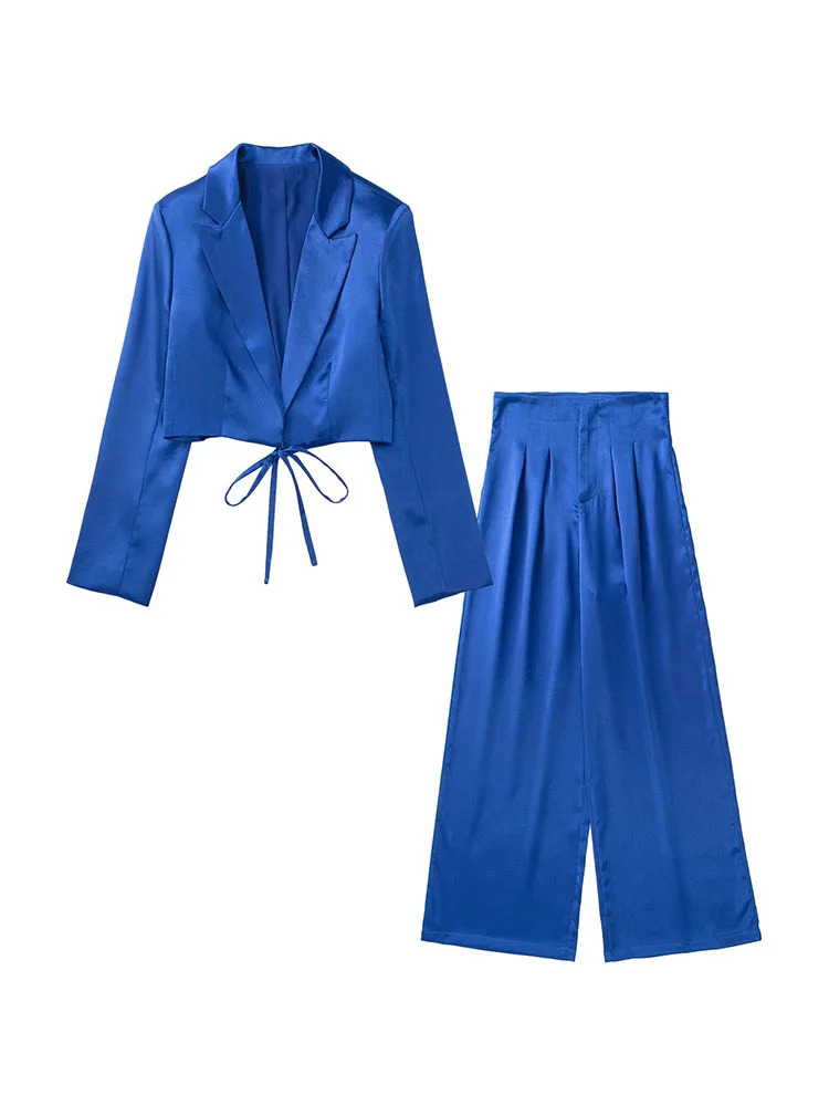 

Women 2022 New Fashion lacing Cropped satin texture Blazer Coat Vintage Long Sleeve Female Outerwear Chic Femme+Pants set
