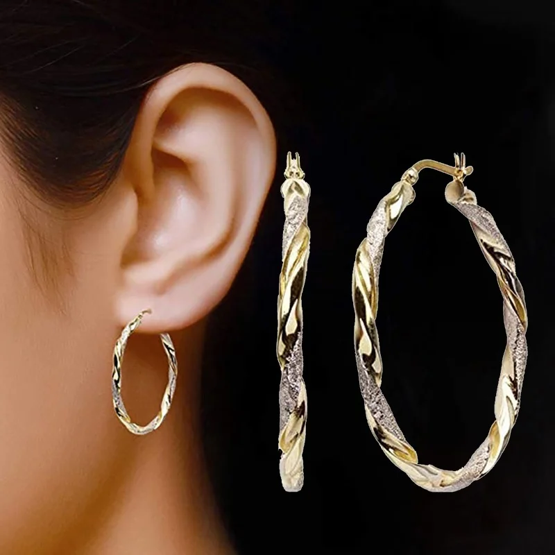 

Luxury Gold Colors Hoop Earrings for Women Fashion Metal Two Tone Spiral Inlaid Zircon Loop Earrings Jewelry