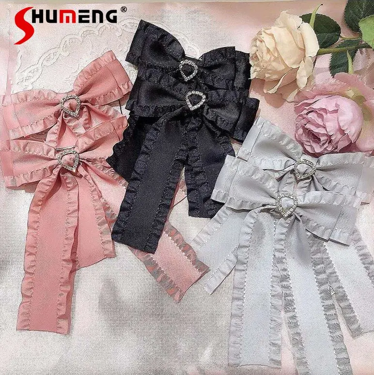 

Japanese Style Sweet Barrettes Cute Brooch Ribbon Big Bow Tie Rhinestone Hairpin Hair Accessories Woman Hair Clip A Pair 2 Piece
