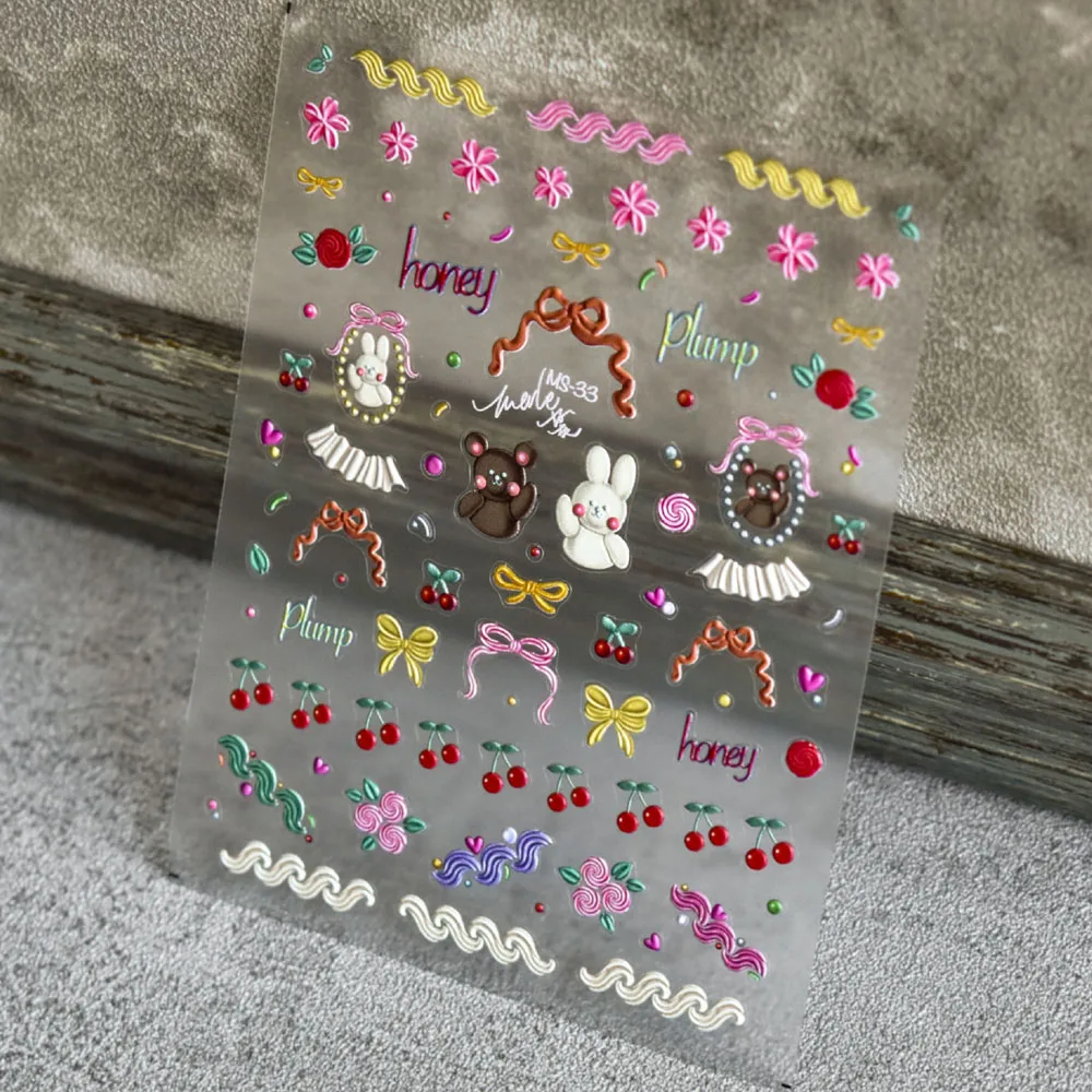 

5D Cute Rabbit Nail Art Sticker Self-Adhesive Anime Bear Cream Bow Tie Cartoon Embossed Tattoo on Nails Manicure Nail Decals