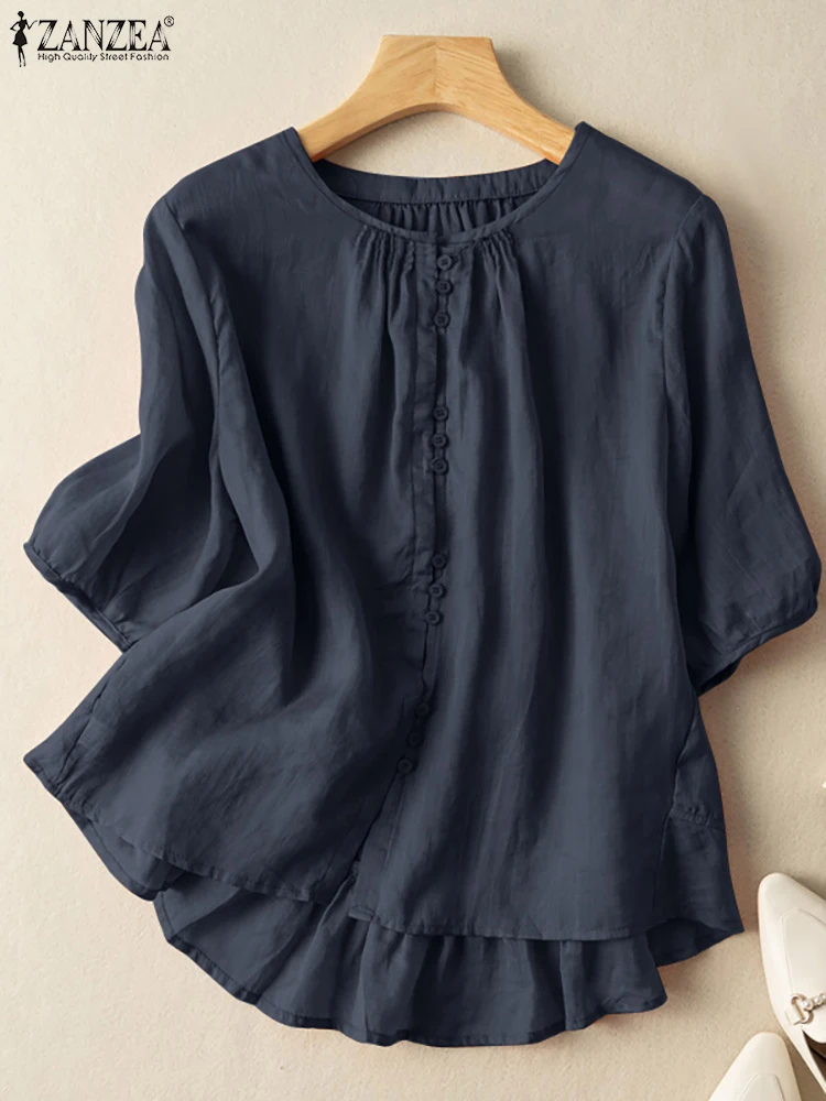 

ZANZEA Casual Elegant Blouses Soild Color Pure Cotton Women Blouse Autumn O Neck 3/4 Sleeve Chemise Female Fashion Work OL Tops