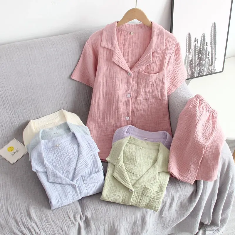 2023 Japanese New Summer Women's Pajama Set 100% Cotton Crepe Short Sleeve Shorts Two Piece Solid Color Simple Home Furnishing