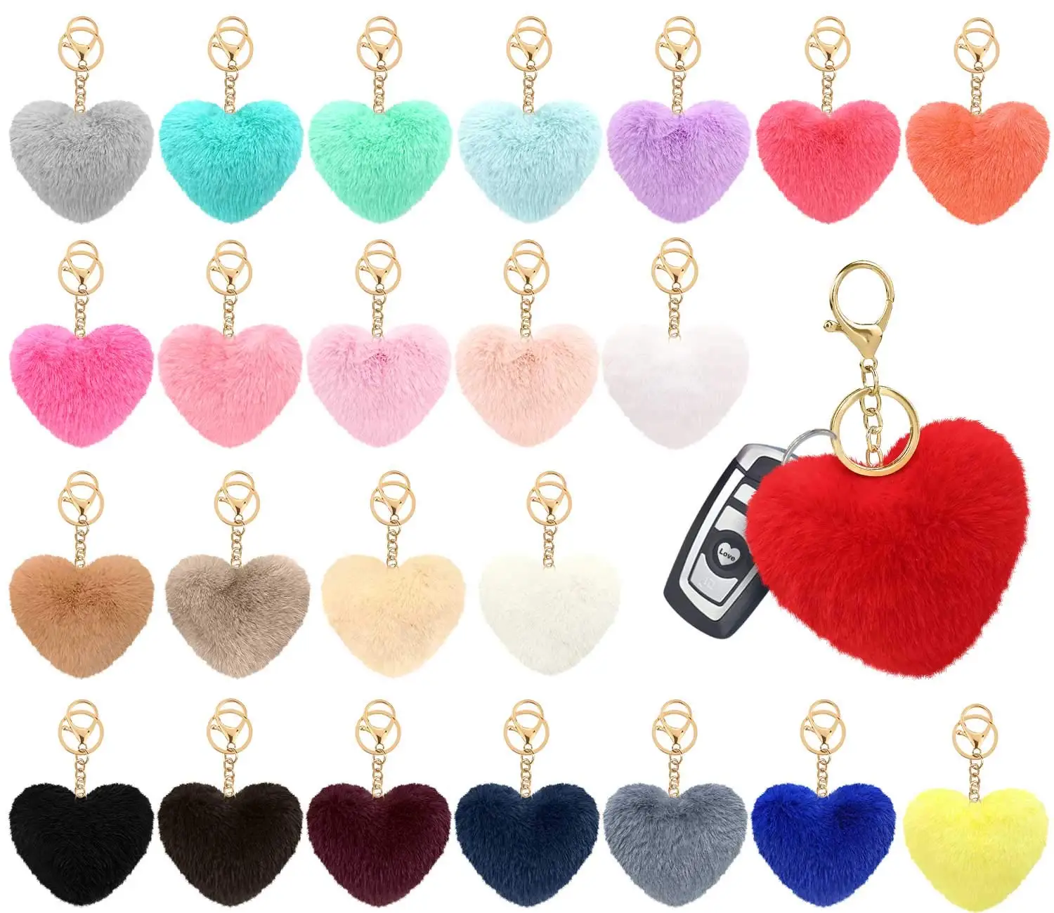 12 Pieces Colored Pom Pom Keychain Bulk Heart Fluffy Fur Puff Ball Key for Women