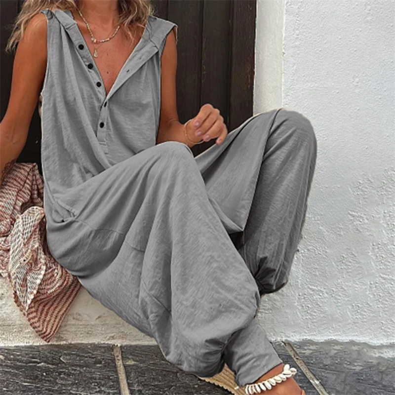 

Women Sleeveless Rompers Summer Harajuku Vintage Solid Button Cross-pants Wide Leg Playsuit Female Casual Loose Hooded Jumpsuits