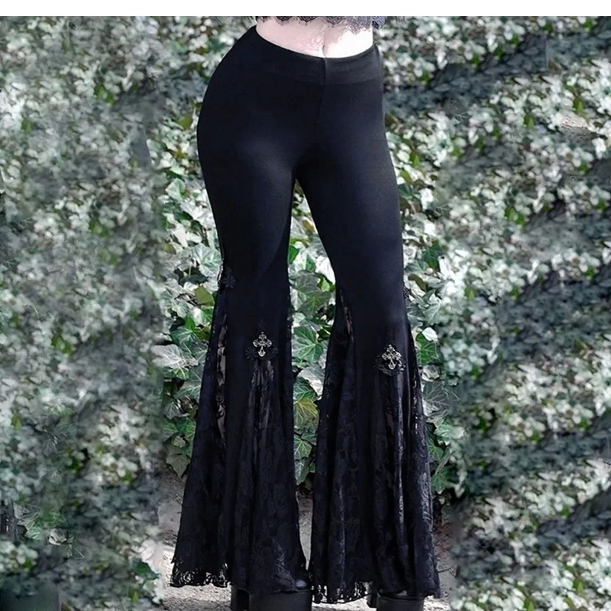 

Fashion new Subculture Cross Black Lace Split Flare Pants Women's Design Sense Small Mosaic Casual Floor Pants