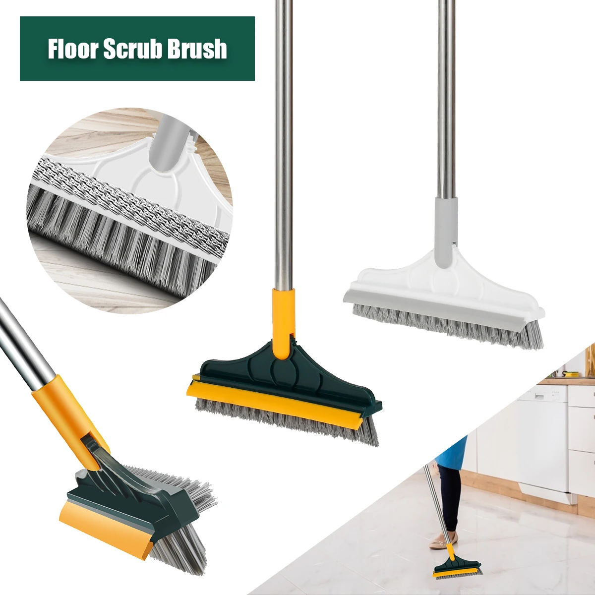 

NEW Floor Scrub Brush Long Handle Scrub Brush with V-Shaped Bristles 3 in 1 Scrape Brush with Squeegee Flexible Cleaning Brush