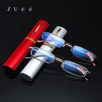 zuee reading glasses anti blue light for men women metal frame portable hd pen holder ultralight glasses radiation protection