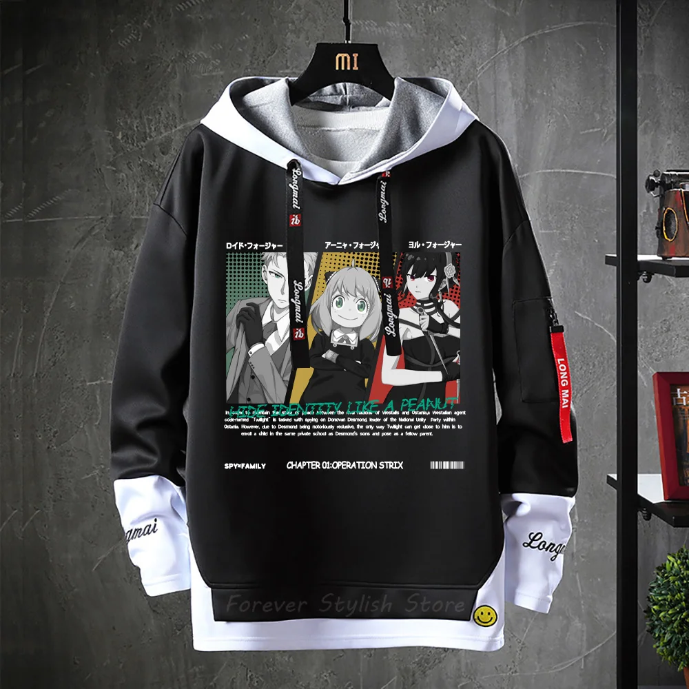 

Anya Forger Ribbons Letter Print Sweatshirts Fake Two Piece Hoodie Spy X Family Smiling Face Streetwear Patchwork Sweatshirt
