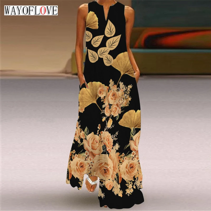 

WAYOFLOVE Lady Spring Summer Long Dress Black Sleeveless Flowers Print Elegant Dresses For Women 2023 Casual Beach Women's Dress
