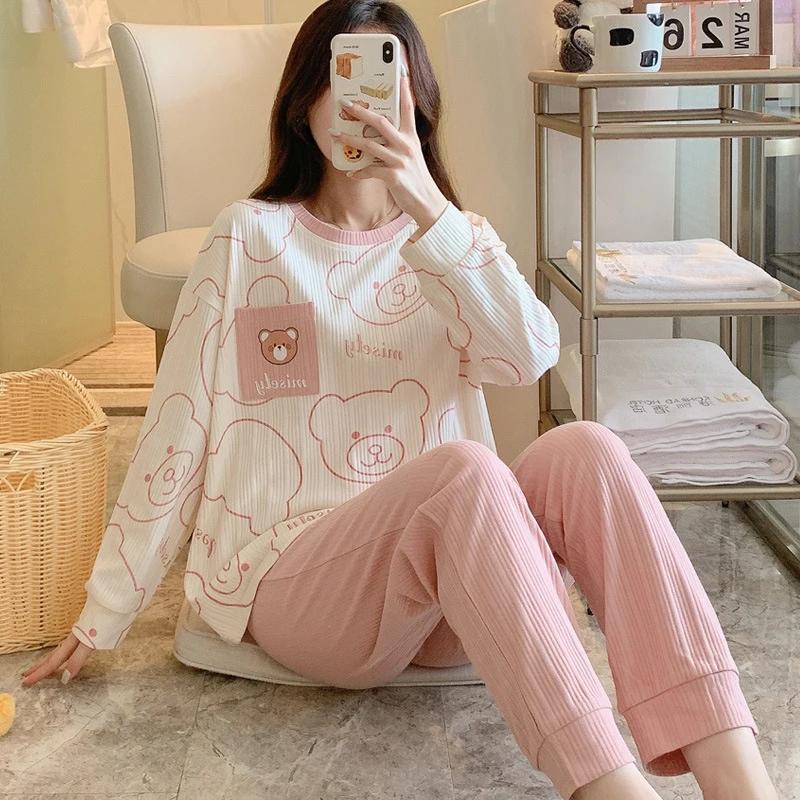 womens Pajamas Set Autumn Winter Thicken Cotton Pyjamas Women Cartoon Pijama Pattern Pajamas Set Thin Pijama Mujer Sleepwear