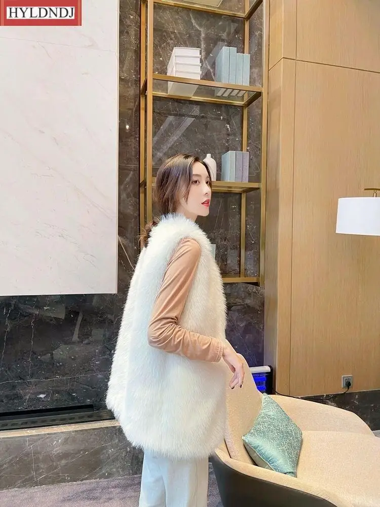Fashionable Artificial Fur Leather Jacket Fluffy Solid Color Elegant Plush Fur Vest Coat Coat Autumn Winter Warm Fur Vest Coat