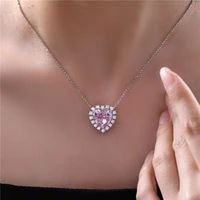 fashion romantic pink stone heart necklace silver 925 bling high carbon zircon necklace with pendant designer jewelry gifts