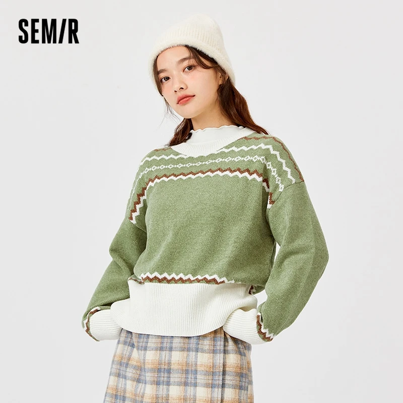 

Semir Sweater Women Short Chenier Fair Isle 2022 Winter New Contrast Color Loose Sweater Top Trendy