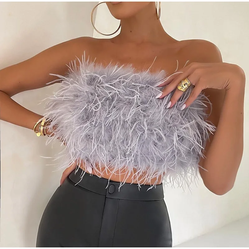 

Women Fashion Fluffy Backless Solid Tube Tops Ladies 2022 Spring Summer Lady New Party Club Vest Sexy Feather Cropped Tank Top