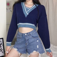 womens fall korean contrast color blue sweater sliding shoulder long sleeve sweater preppy style loose pullover tops knitwear