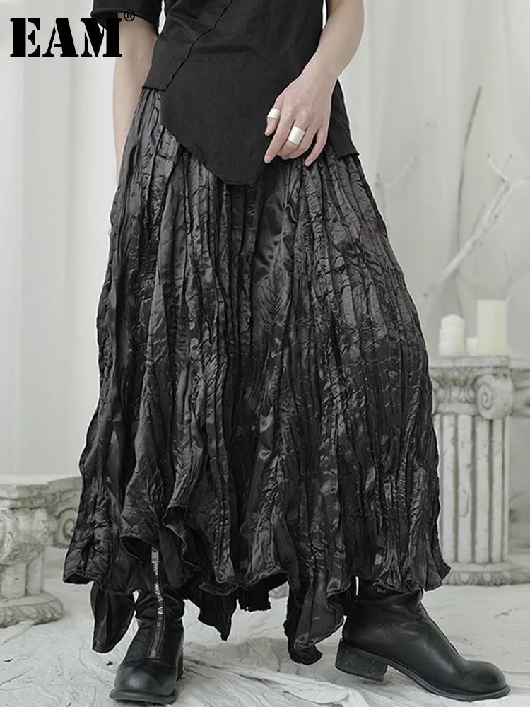 [EAM] High Elastic Waist Black Pleated Irregular Long Temperament Half-body Skirt Women Fashion New Spring Autumn 2022 1U965