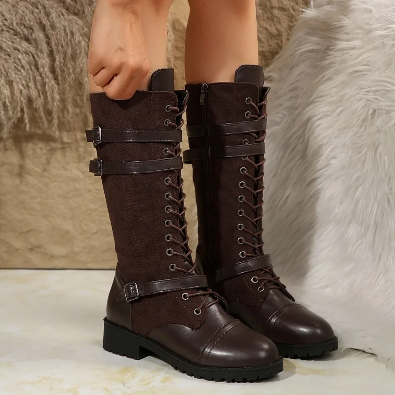 AJGS Джинсовые женские сапоги до колена из искусственной кожи на низком каблуке