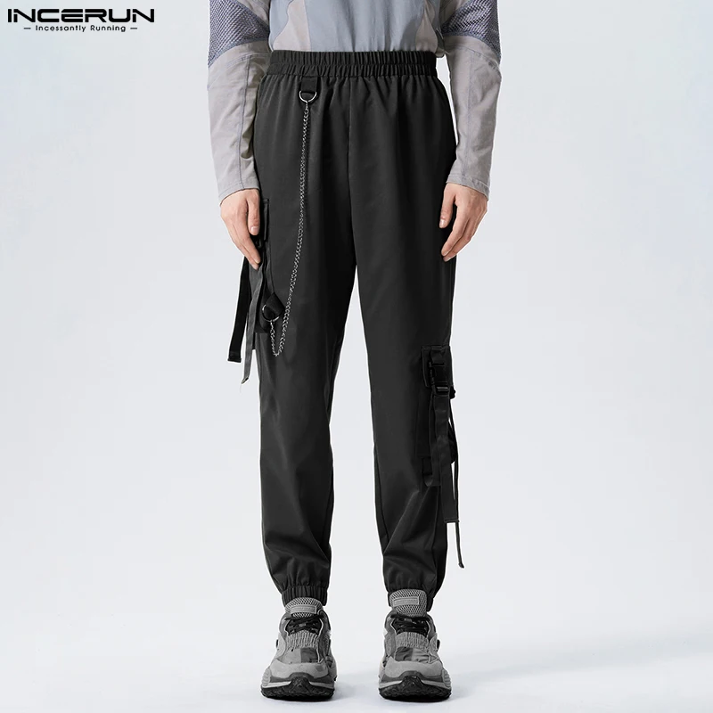 

Casual Fashion Style Long Pants INCERUN Mens Chain Schoolbag Buckle Pantalons Handsome Male Solid All-match Cargo Trousers S-5XL