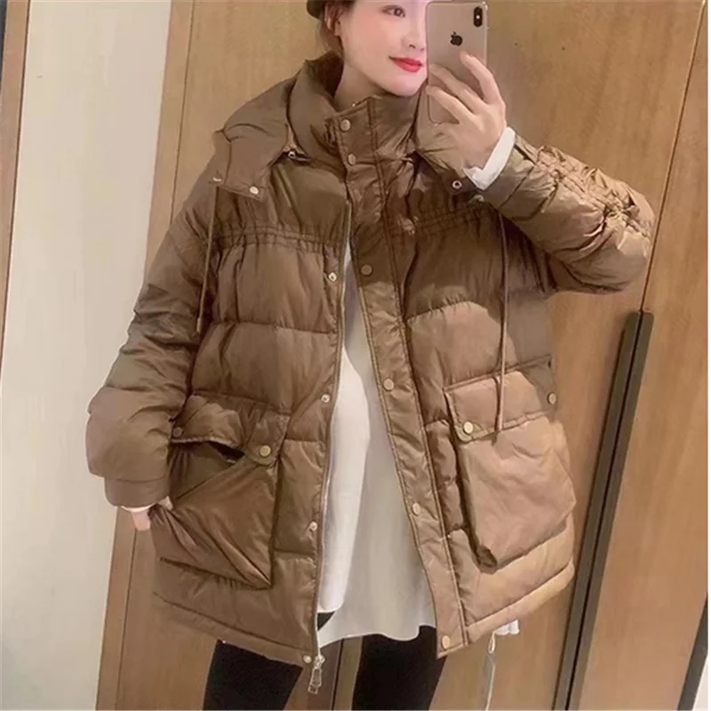 Winter Women Puffer Jacket Solid Casual Fashion Parkas 90% White Duck Down Warm Coat Female Loose Hooded Overcoat