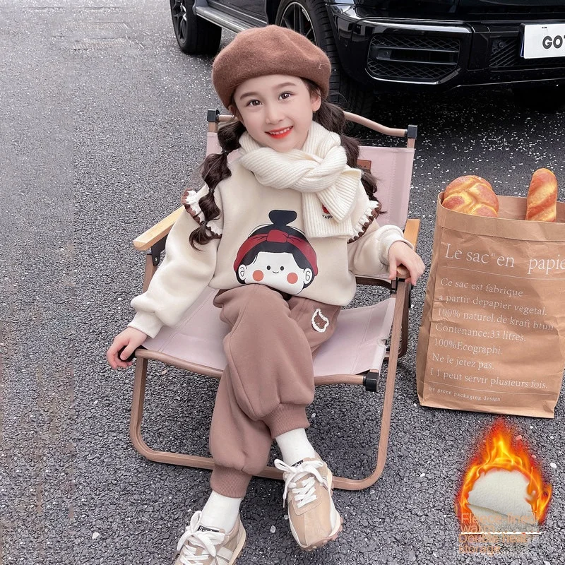 

Girls' Suit Autumn And Winter 2023 New Fleece-Lined Thickened Furry Sweater Fashionable Cartoon Sweater Two-Piece Set
