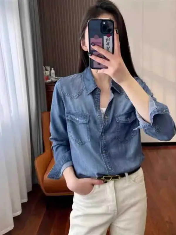 French sle Stacked Soft Denim Shirts Women High-Grade Spring and Autumn Cotton Small Loose Temperament Shirt Thin Coat