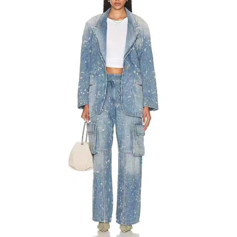 

Burning flowers worn holes Women's denim jacket fashion casual loose large silhouette retro one button suit jackets for women