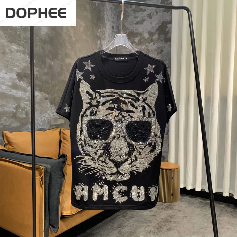 2022 New Summer Trendy T-shirts for Men and Women Hot Drilling Sunglasses Leopard Luxury Short Sleeve Tops Street Handsome Club