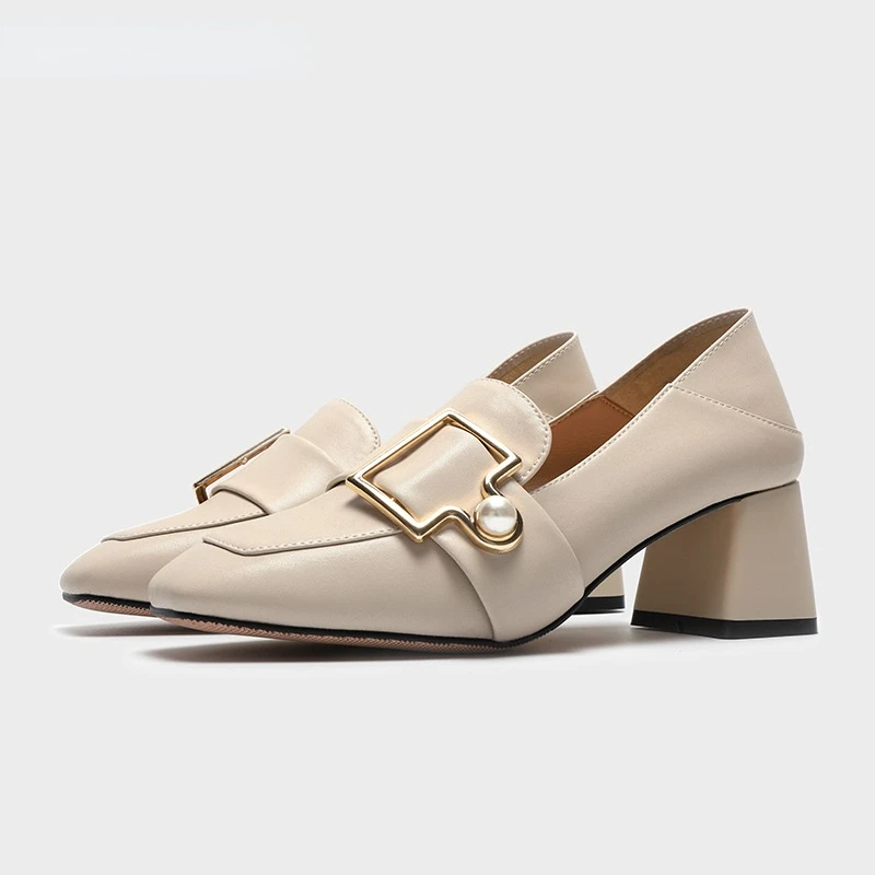 

High Heels Pearl Buckle Women Pumps Shoes Leather Spring Loafers Fashion Design Work Party Girl Lady Casual Shoes for Woman 2022