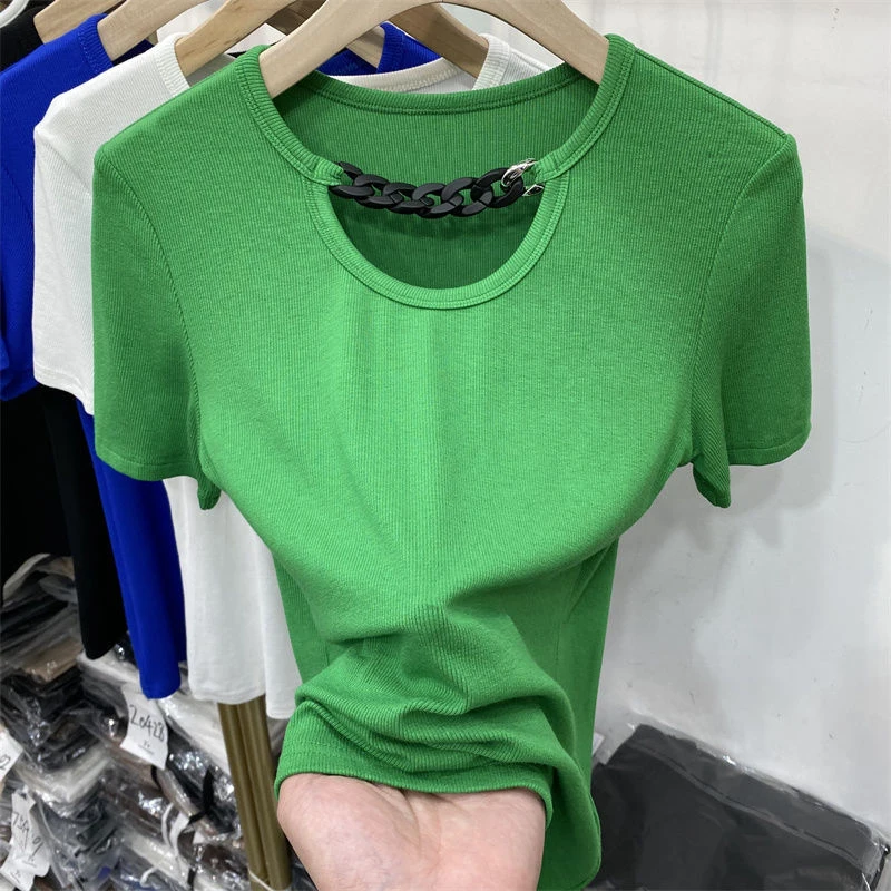 

2022 Hollow Chain Summer Women Short-sleeved T-Shirts Sexy Fashion Tops Tee Tops Female T Shirt Bottoming Top топ женский