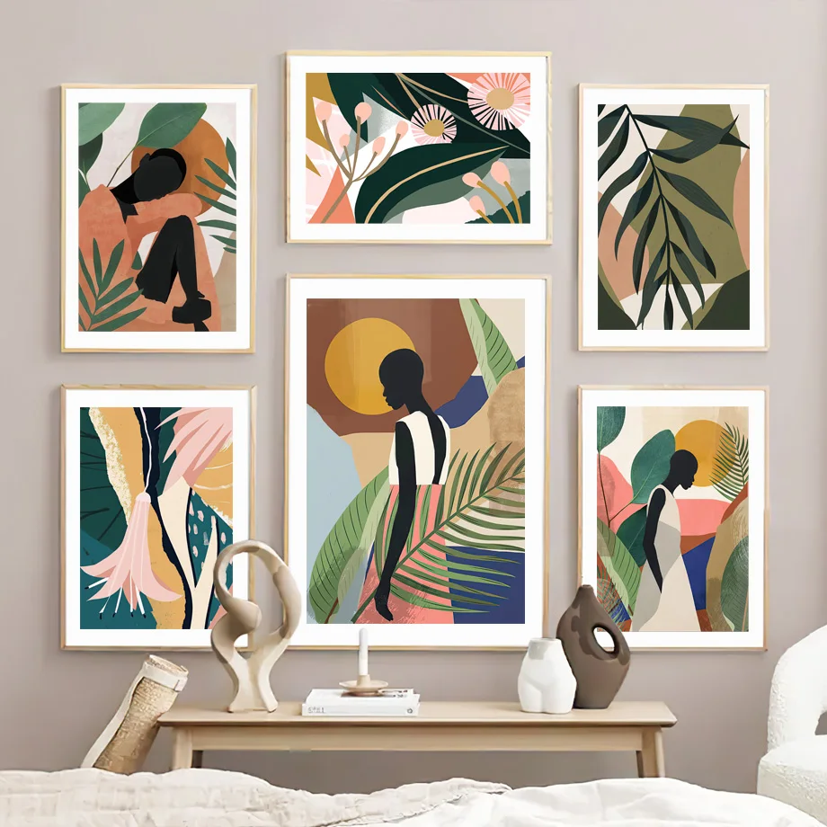 

Boho Abstract Black Girl Sun Flower Leaf Wall Art Canvas Painting Nordic Posters And Prints Wall Pictures For Living Room Decor