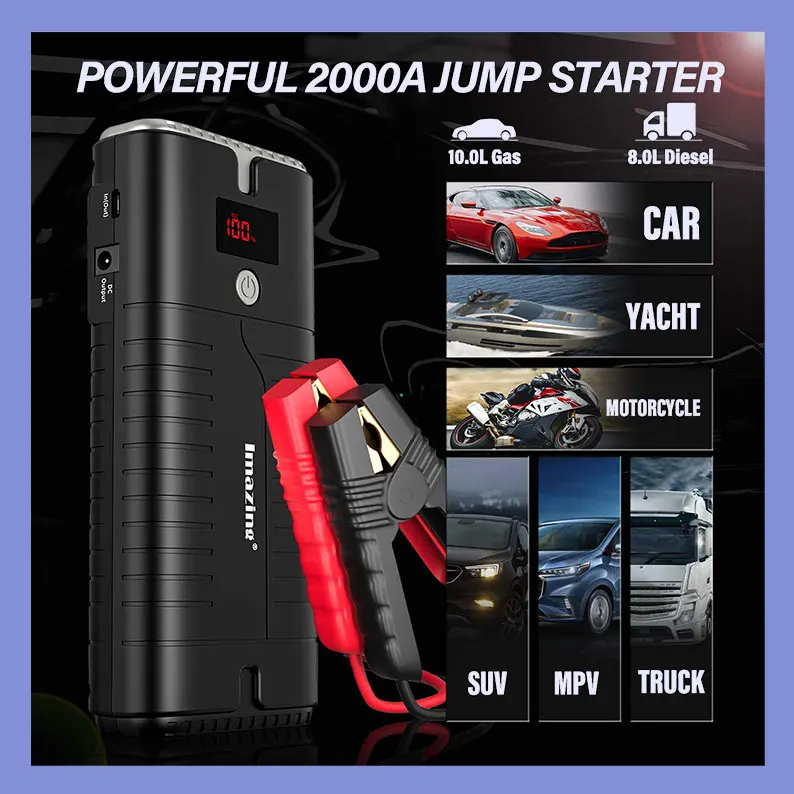 

2000a peak 18000mah portable on-board jumper (up to 10L gas or 8L diesel engine) with LCD display jumper, QC 3.0 and LED light